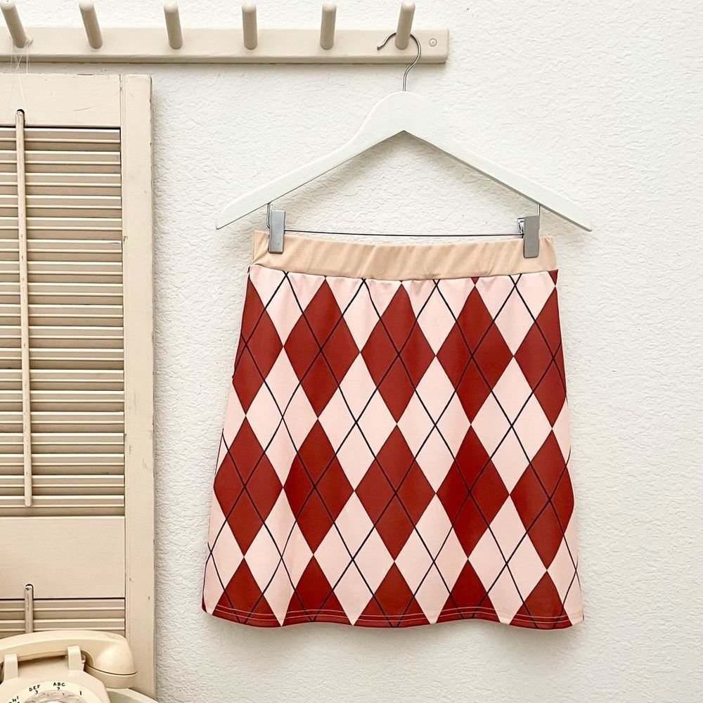 ROMWE, Argyle Print, Stretch Nylon, Pull-on Short Skirt, Brown & Pink, J…